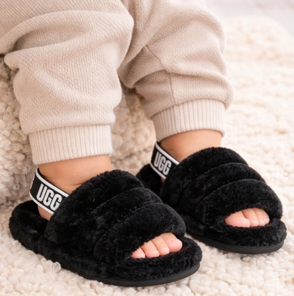 UGG Toddler Oh Yeah Fluffy Shearling Sheepskin Slingback Slipper Black 6